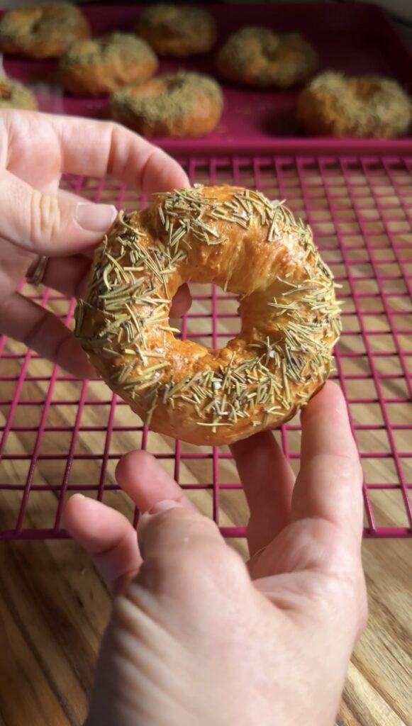 hands holding a rosemary sea salt greek yogurt bagel above a pink cooling rack