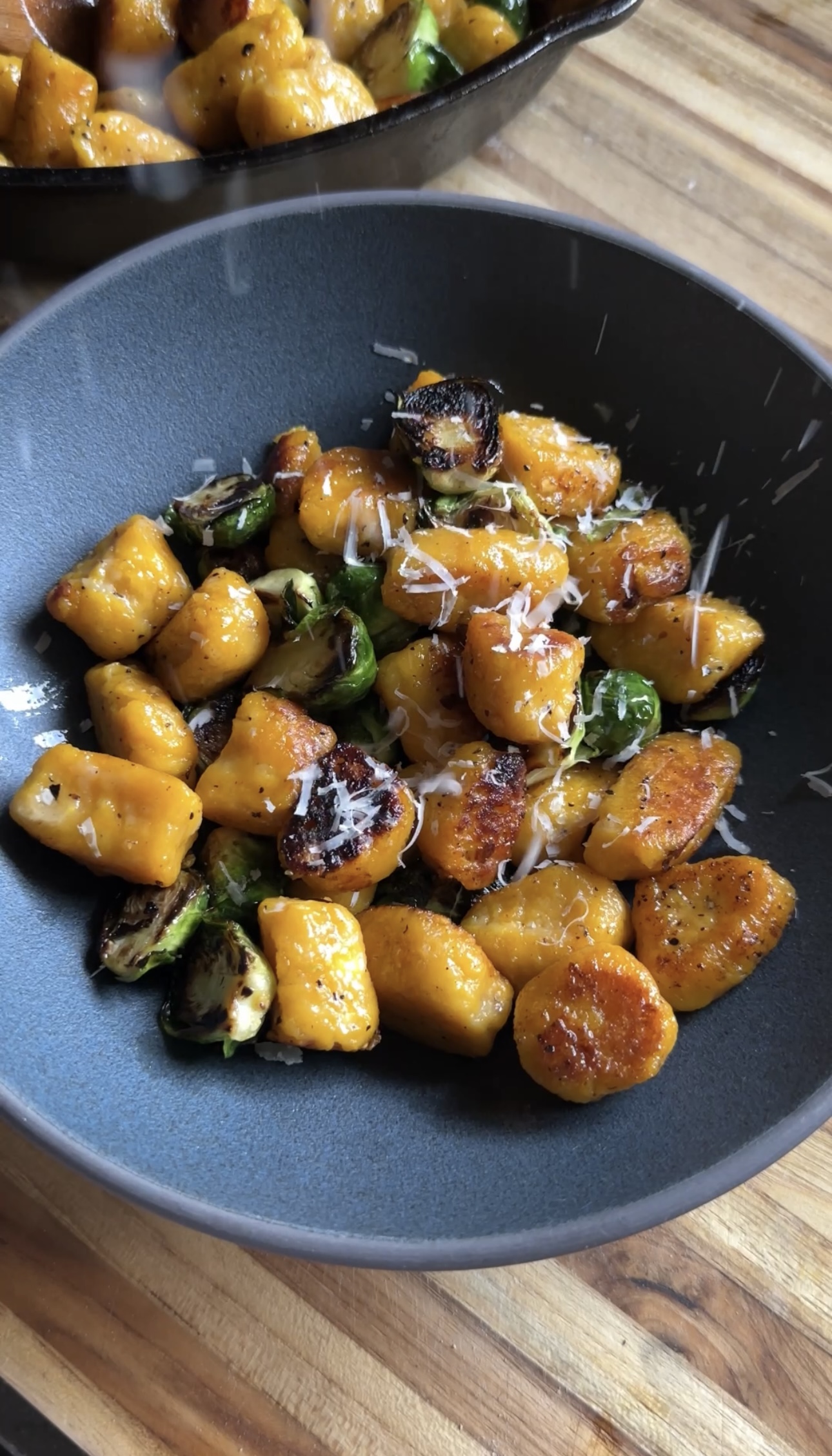 pumpkin cottage cheese gnocchi with brussels sprouts