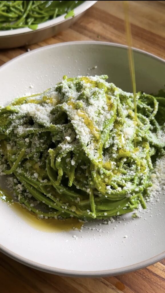 cottage cheese kale sauce pasta in serving bowl