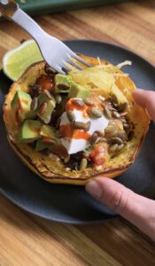 fork going into spaghetti squash burrito bowl