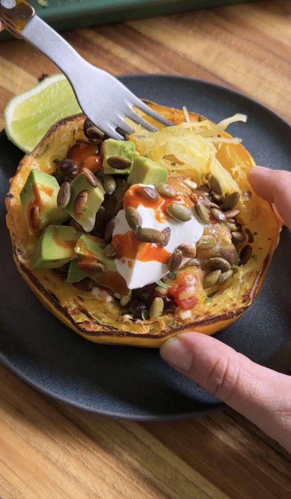 fork going into spaghetti squash burrito bowl
