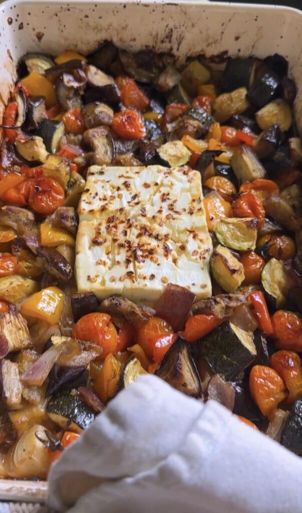 baked feta ratatouille coming out of the oven