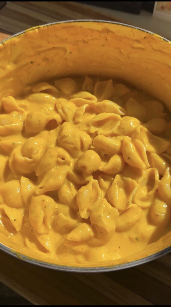 high-protein butternut squash mac and cheese in the pot