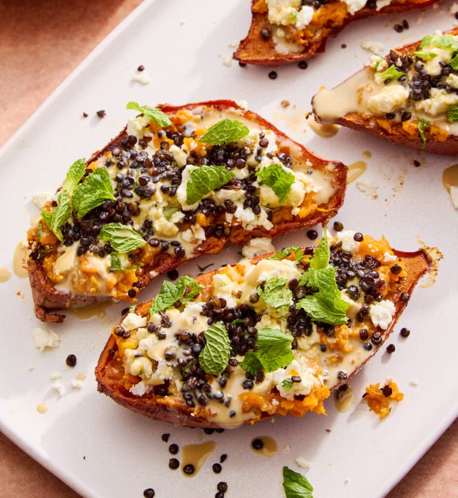 sweet potato boats with feta and crispy lentils