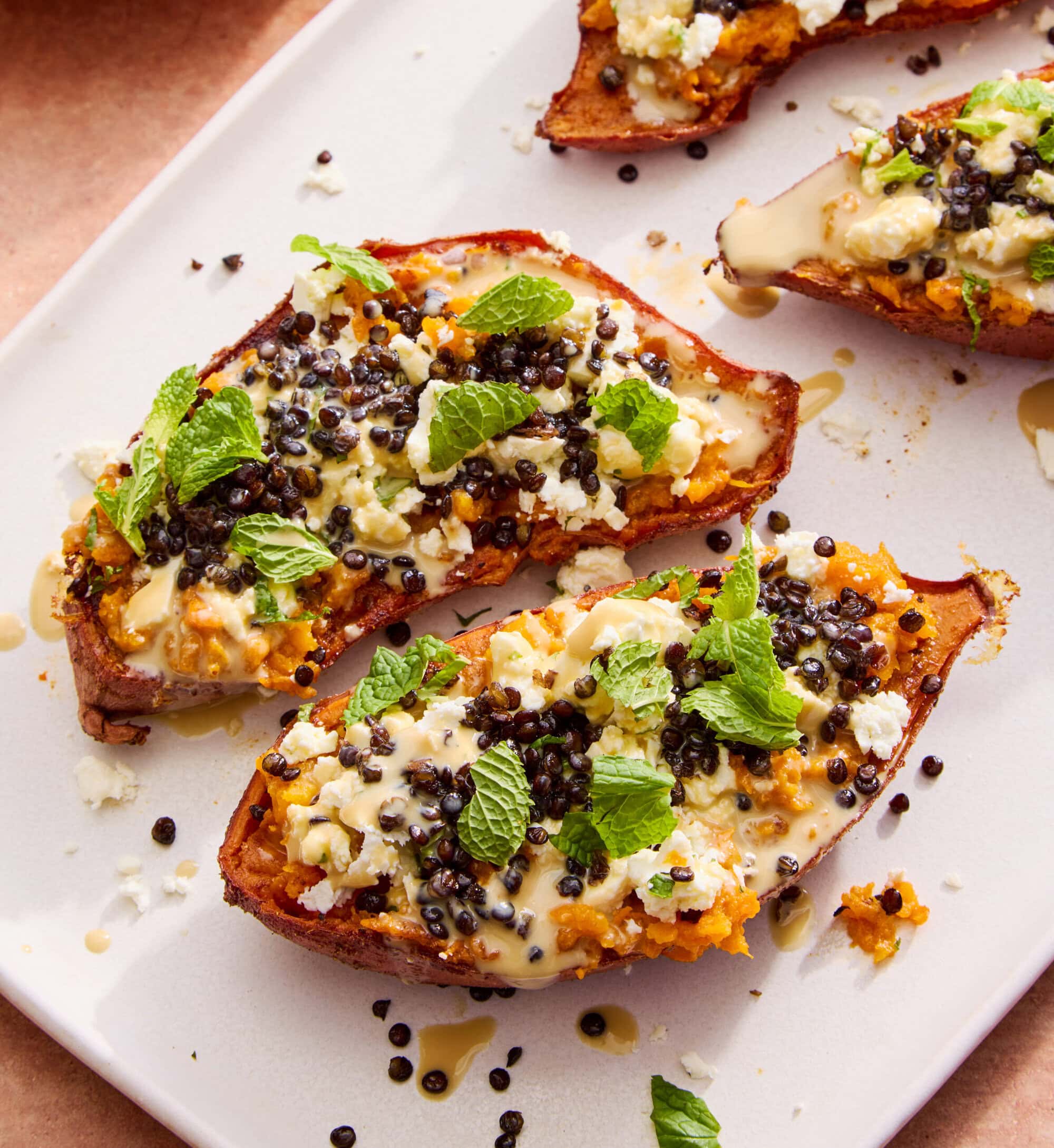 sweet potato boats with feta and crispy lentils