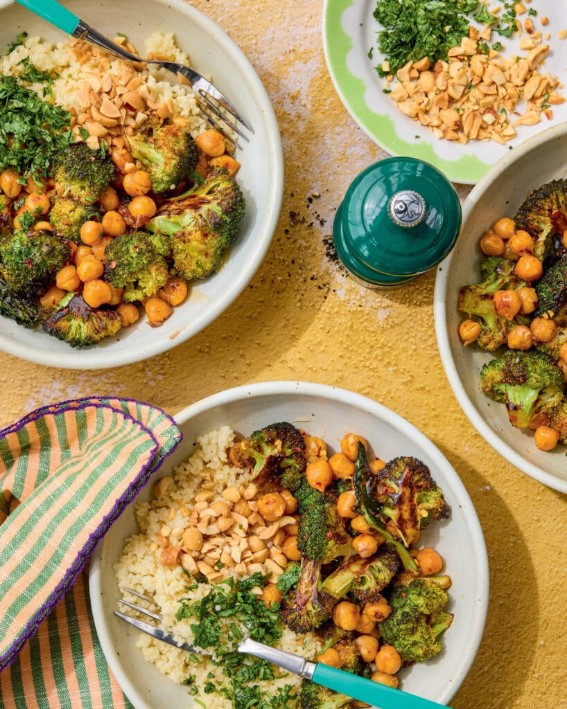 roasted broccoli and chickpeas with couscous