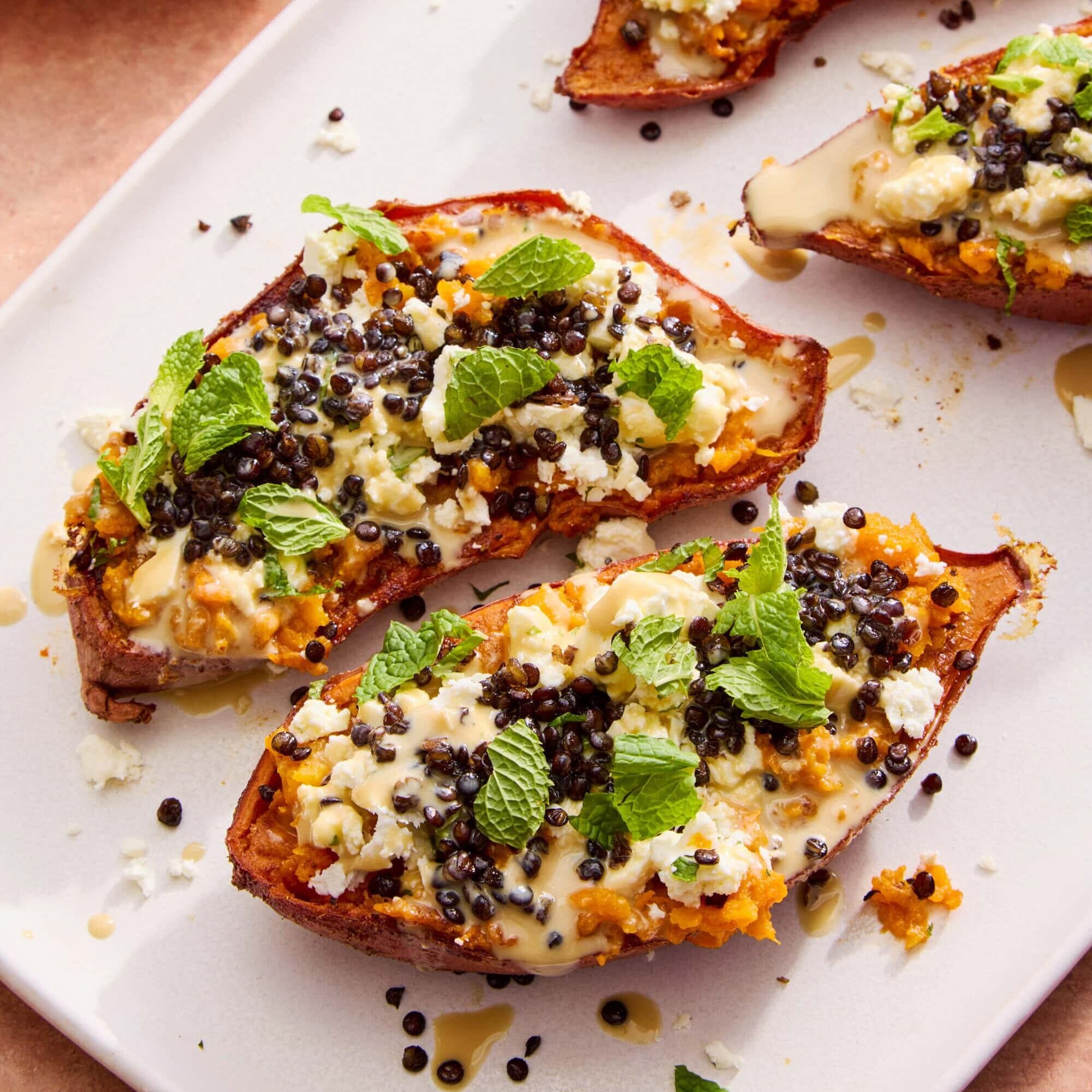 sweet potato boats with feta and crispy lentils