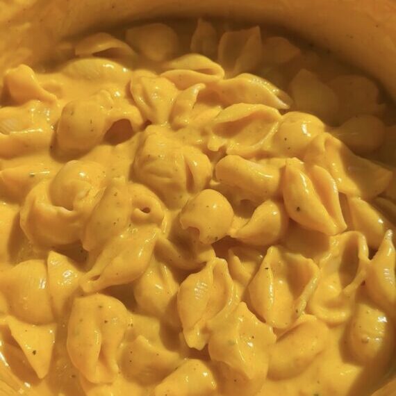 high-protein butternut squash mac and cheese in the pot