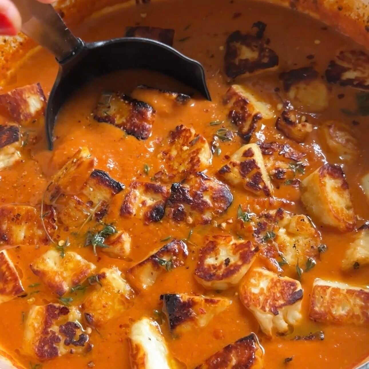 ladle going into roasted tomato soup