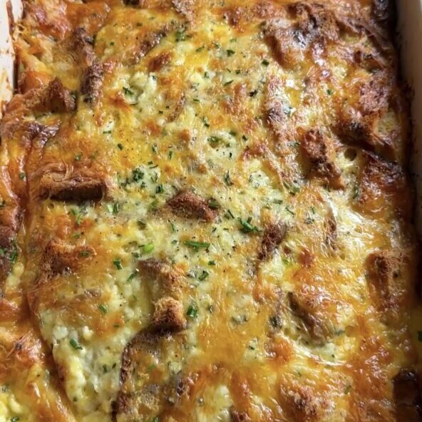 24-hour omelet in white baking dish