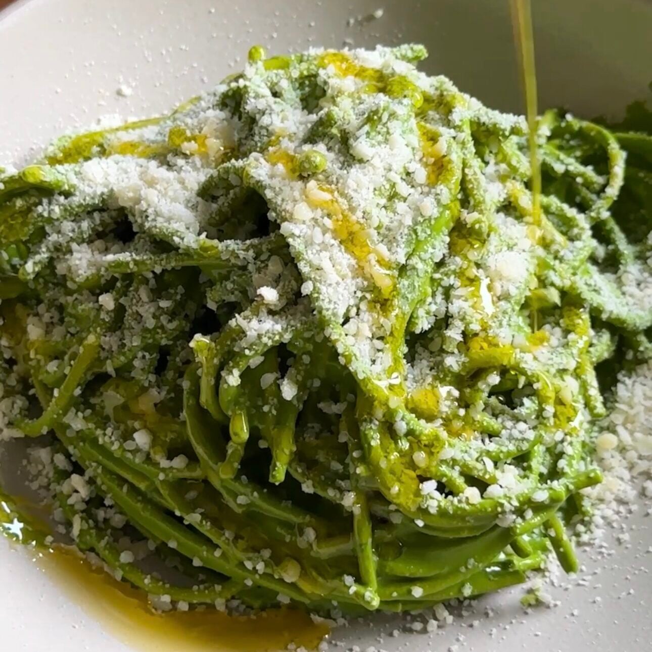 cottage cheese kale sauce pasta in serving bowl