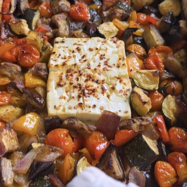 baked feta ratatouille coming out of the oven